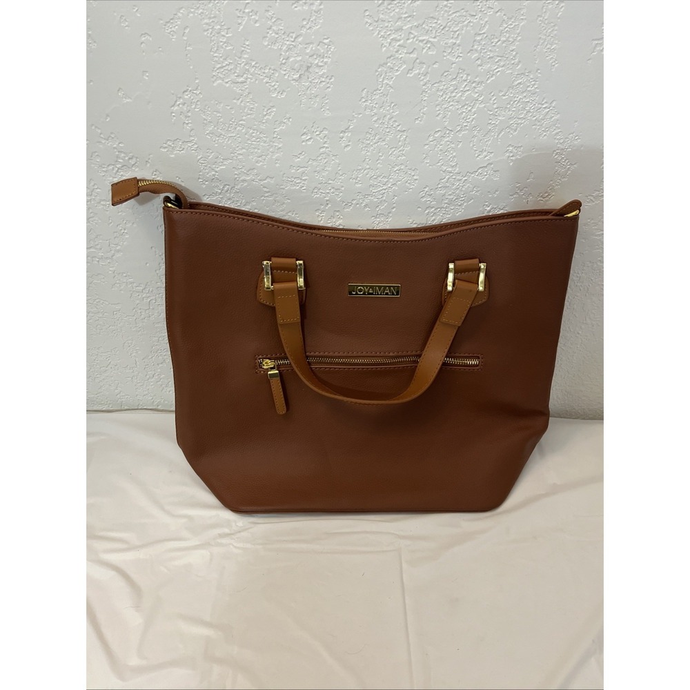 JOY & IMAN Alexandria Leather Tote Purse Cognac 15.5 X 12 X 6 Double Handles